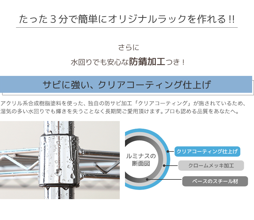 水回りに強いクリアコーティング仕上げ