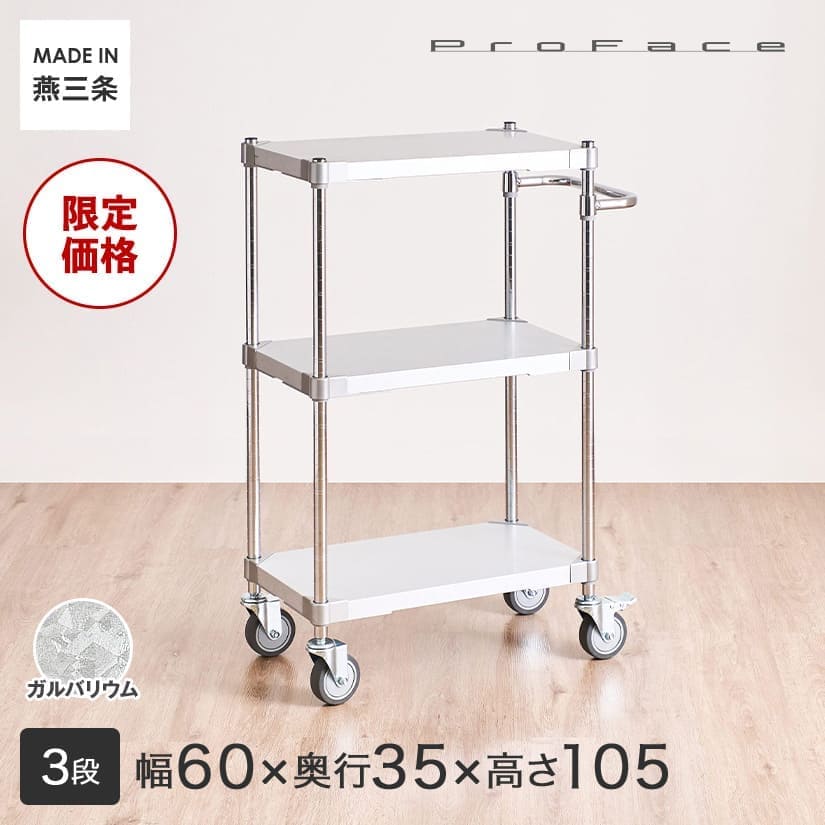 燕三条製 PROFACE ガルバリウムソリッドシェルフ3段 350×600×900 クロムメッキポール スチールラック スチールシェルフ ラック キッチンラック 代引不可 燕三条製 PROFACE ガルバリウムソリッドシェルフ3段 350×900×900