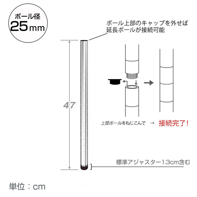 <h2>支柱となるポール</h2><p>スチールラックを組み立てるときの支柱。別売りの延長ポールを足せば延長もでき、カスタマイズ性が高く便利。</p>