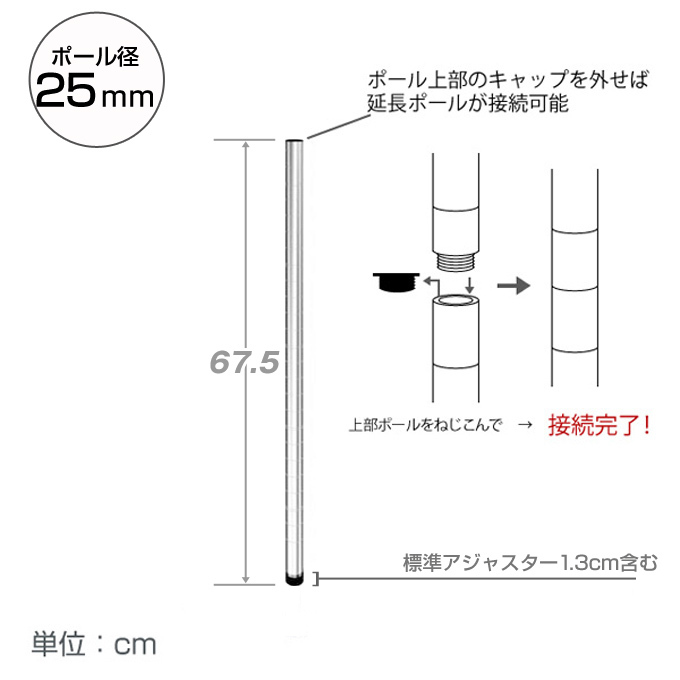 <h2>支柱となるポール</h2><p>スチールラックを組み立てるときの支柱。別売りの延長ポールを足せば延長もでき、カスタマイズ性が高く便利。</p>