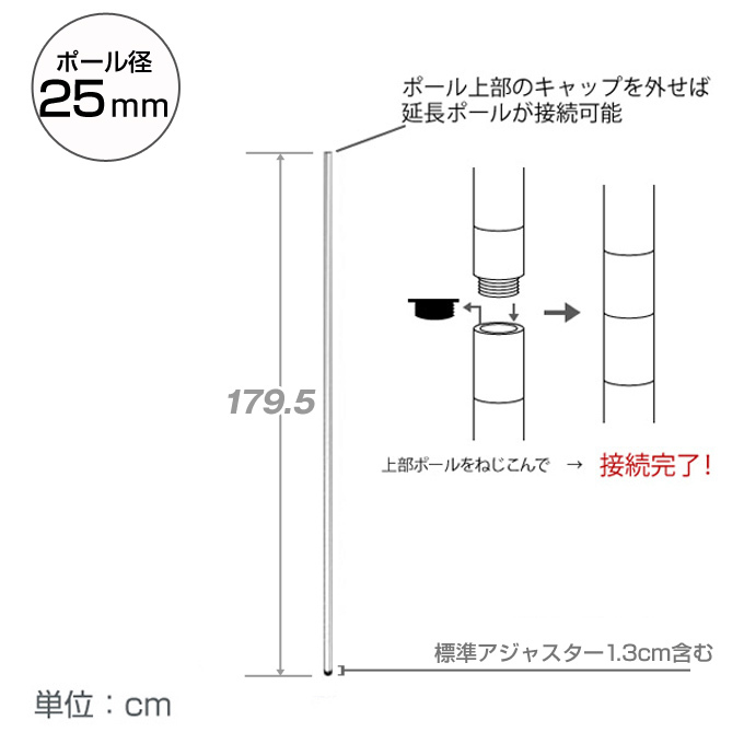 <h2>支柱となるポール</h2><p>スチールラックを組み立てるときの支柱。別売りの延長ポールを足せば延長もでき、カスタマイズ性が高く便利。</p>