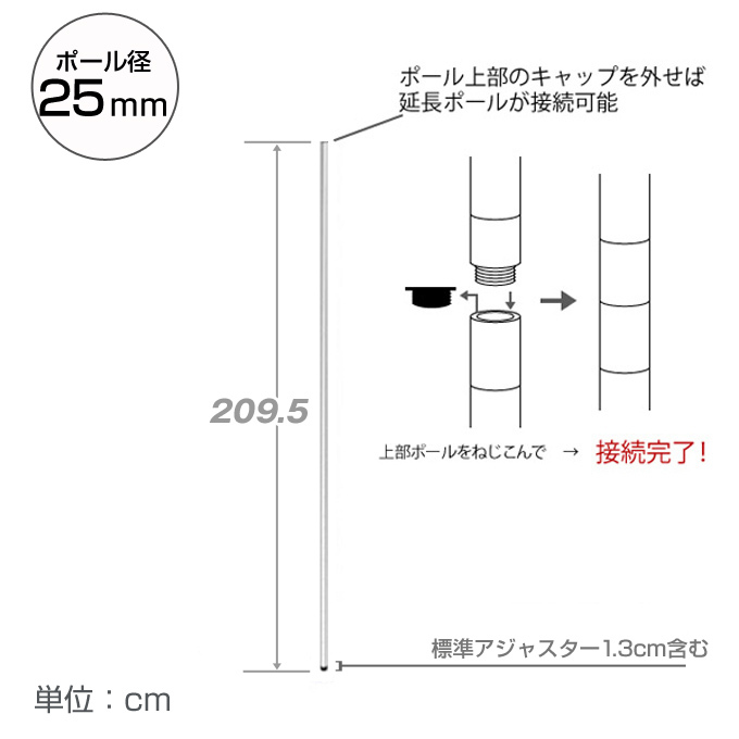 <h2>支柱となるポール</h2><p>スチールラックを組み立てるときの支柱。別売りの延長ポールを足せば延長もでき、カスタマイズ性が高く便利。</p>