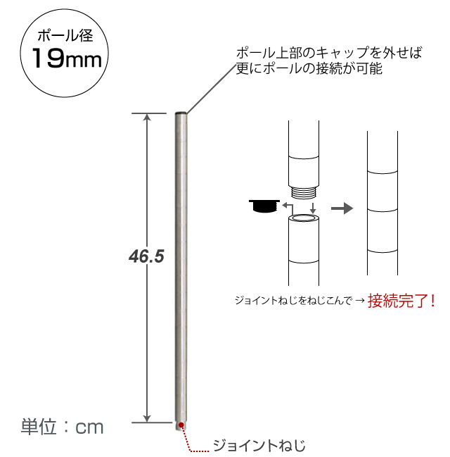 <h2>ポールの長さが足りない…そんな時に</h2><p>ラックを組み上げたけれど、思ったより高さが足りなかった…そんな時はポールを延長して、長くすればあっという間に解決。</p>