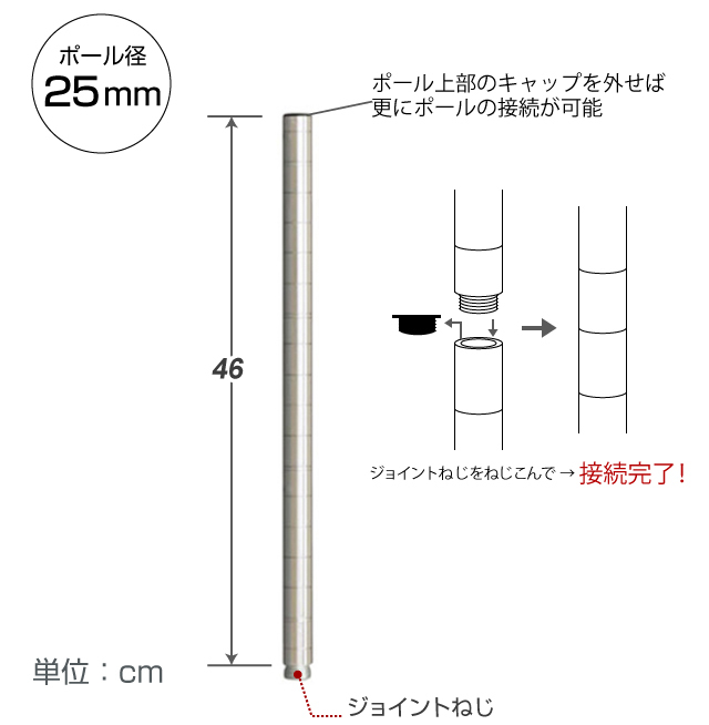 <h2>ポールの長さが足りない…そんな時に</h2><p>ラックを組み上げたけれど、思ったより高さが足りなかった…そんな時はポールを延長して、長くすればあっという間に解決。</p>