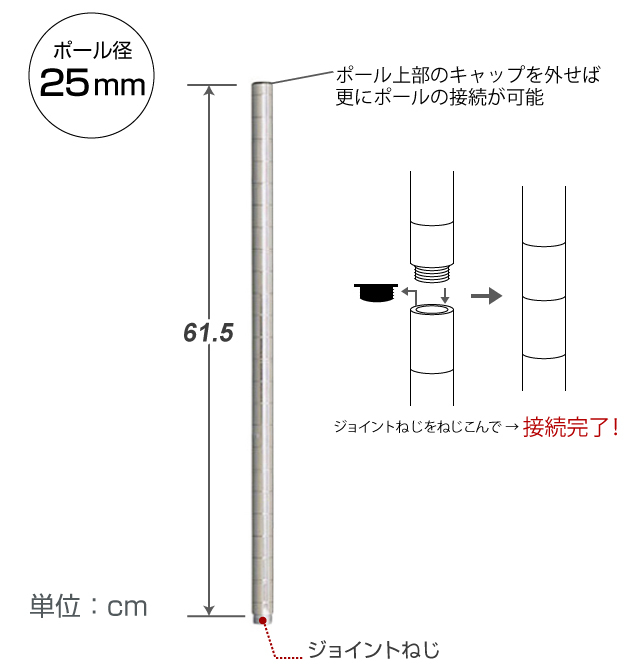 <h2>ポールの長さが足りない…そんな時に</h2><p>ラックを組み上げたけれど、思ったより高さが足りなかった…そんな時はポールを延長して、長くすればあっという間に解決。</p>