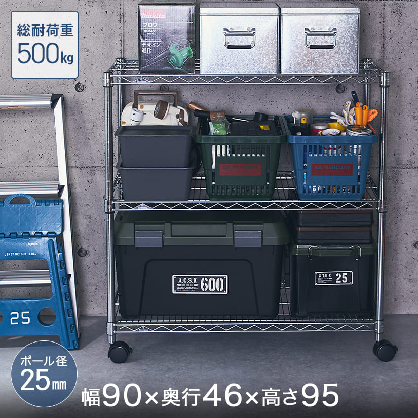[25mm] ルミナスレギュラー 3段 幅90 奥行45 高さ95 (幅91.5×奥行46×高さ95.5cm) 棚耐荷重250kg NLH9090-3