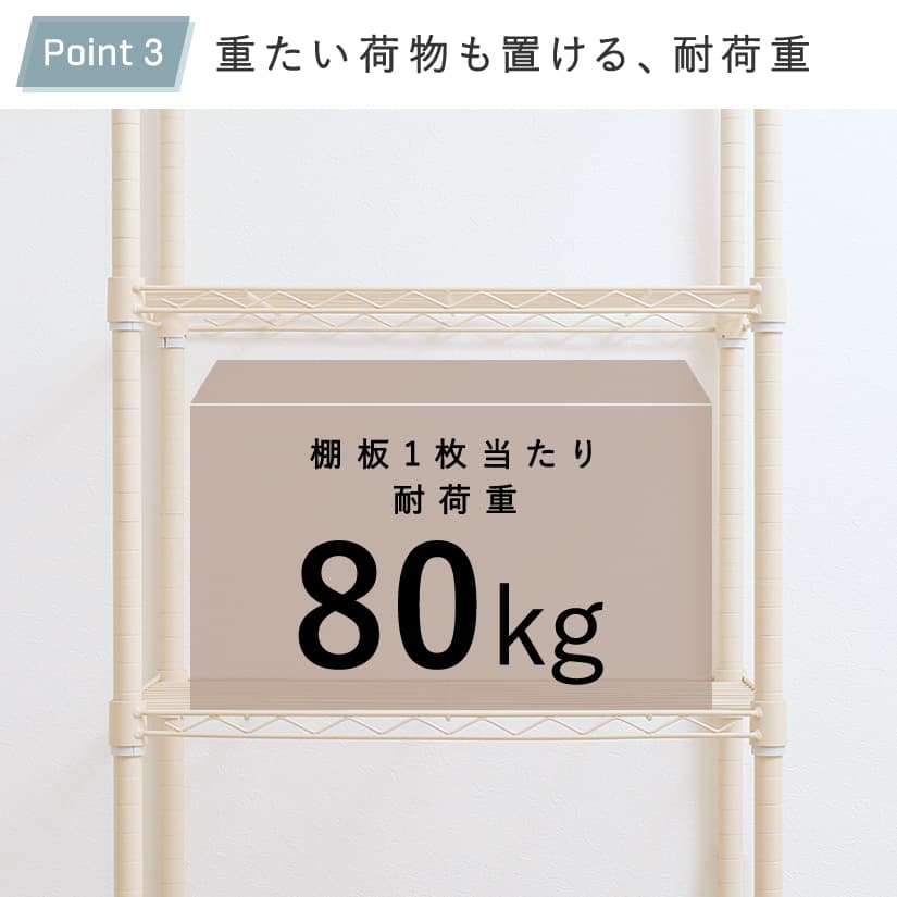 <h2>重たい荷物も置ける、高耐荷重</h2><p>スリムな見た目のラックですが、棚に乗せられる荷重はなんと約80kg。重たい家電や本などもたくさん収納できるのでスッキリ片付きます。2リットルのペットボトルなら40本近くも収納可能。</p>