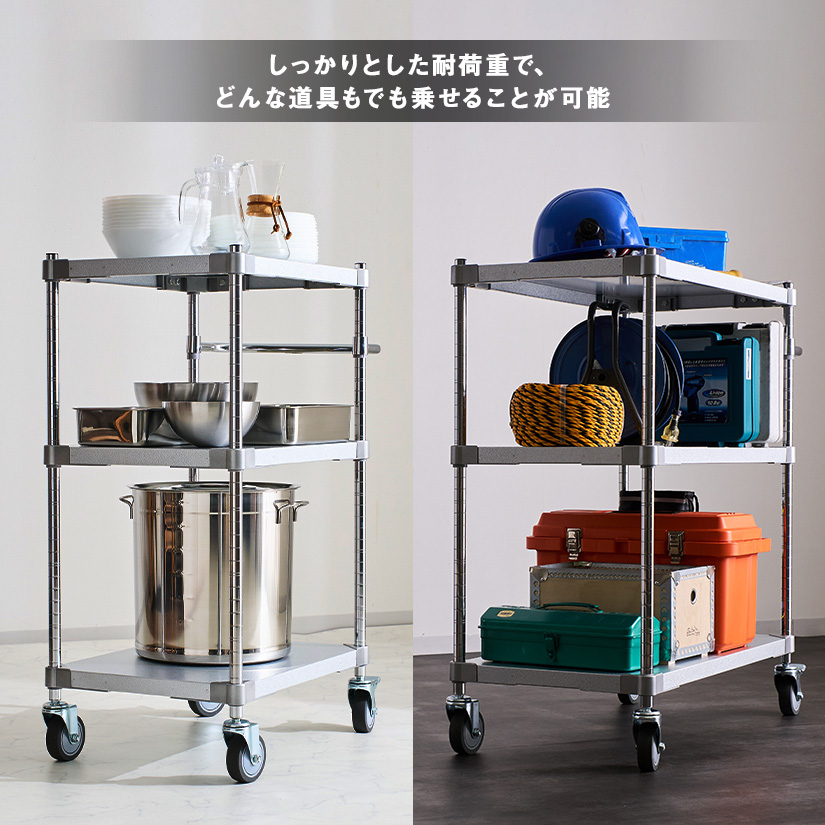 <h2>耐荷重試験</h2><p>棚板は1枚あたり150kgの荷重試験をクリア。重たい荷物も安定して収納できます。厨房から倉庫、野外まで、使用できる用途は様々。</p>